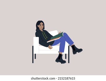 Caricatura de una joven volando a través de una revista en una silla de diseño