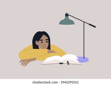 A young female character leaning on arms and reading a book, educational process, a university student preparing for exams