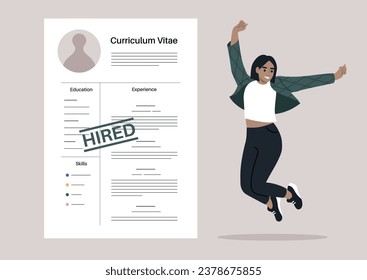 Una joven personaje femenino que salta con una alegría abrumadora y emociones positivas al recibir una oferta de trabajo