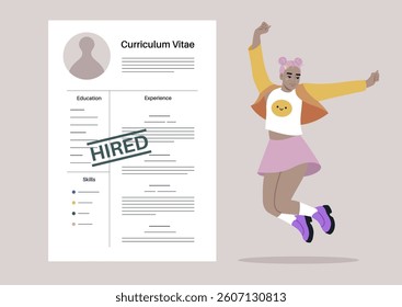 A young female character leaping with overwhelming joy and positive emotions upon receiving a job offer