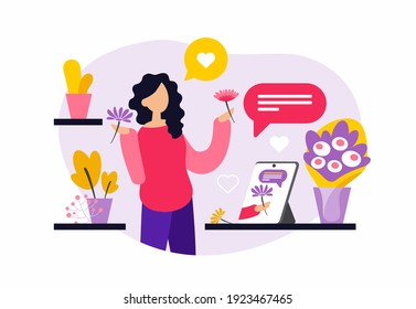 Young female character is learning floristry through online courses. Woman watching floristry training video on tablet and learning to make bouquets of flowers. Flat vector illustration