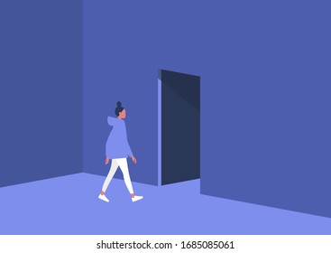 Young female character leaving the room, exit