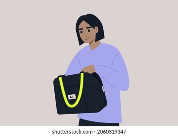 Young female character looking for keys or money in their bag, a daily routine scene