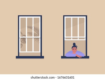 Young Female Character Looking Out The Window, Self-isolation And Boredom, Quarantine