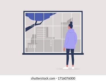 Young female character looking through the window, contemplation and meditation, self isolation