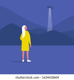 Young female character looking at the ufo spaceship, scientific fantasy