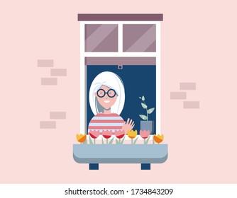 Junge weibliche Figur, die aus dem Fenster schaute und winkte. Selbstisolierung, Quarantäne-Konzept. Flache Vektorgrafik, Clip Art. Designelemente.