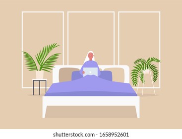 Young female character lying in bed with computer, bedroom interior, millennial lifestyle