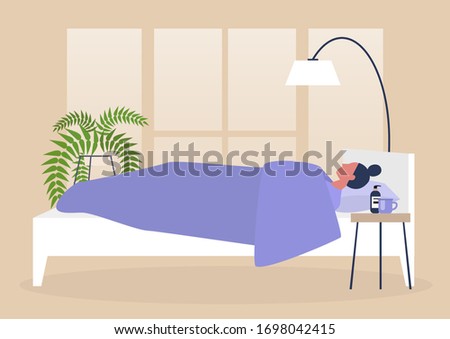 Young female character lying in bed, side view, early morning