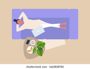 Young female character lying down on sofa, top view, living room, relaxation