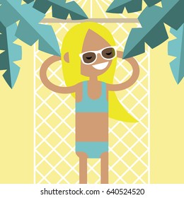 Young female character lying in a hammock under the palm trees. Top view / flat editable vector illustration, clip art