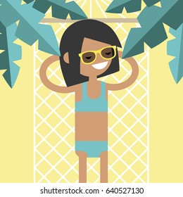 Young female character lying in a hammock under the palm trees. Top view / flat editable vector illustration, clip art