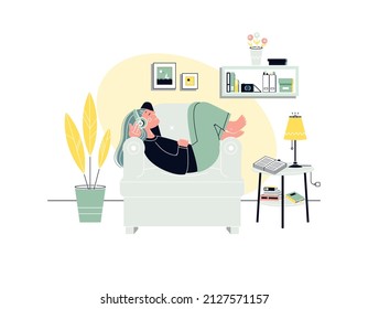 Young female character lying on a couch or armchair with her legs up and listening to the music with headphones. Flat vector illustration