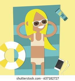 Young female character lying on the beach. Top view / flat editable vector illustration, clip art