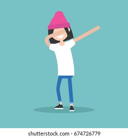 Young female character making DAB dance / flat editable vector illustration, clip art