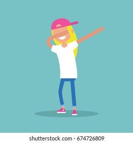 Young female character making DAB dance / flat editable vector illustration, clip art