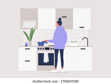 Young female character making meal at the kitchen, rear view, stay at home lifestyle