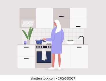 Young female character making meal at the kitchen, rear view, stay at home lifestyle