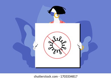Young female character in mask with COVID-19 sign poster. Anti-coronavirus demonstration, self-isolation appeal, solidarity and prevention call. Vector scalable horizontal banner template.