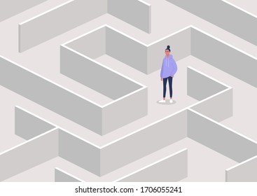 Young female character in a maze, strategical thinking and troubleshooting, business concept