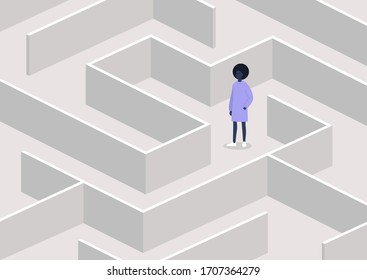 Young female character in a maze, strategical thinking and troubleshooting, business concept