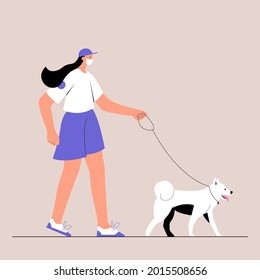 A young female character in medical face mask walking with their dog. Urban lifestyle after quarantine. New normal. Vector illustration in flat style on isolated background. Eps 10.