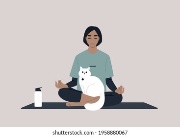 A young female character meditating with a cat on their lap, dealing with stress, yoga workout at home