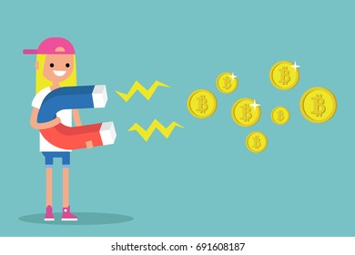 Young female character mining bitcoins with a huge magnet / flat editable vector illustration, clip art