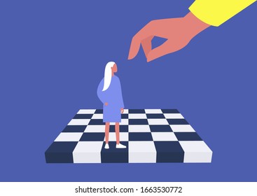 Young female character on a chess board, manipulation and domination, pawn, business strategy, obedience