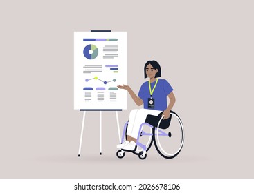 A young female character on a wheelchair presenting the infographics on a flip chart at the weekly office report meeting