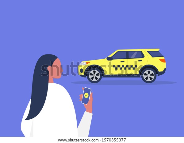 Young female character\
ordering a taxi with a mobile app service, yellow cab with\
checkered pattern