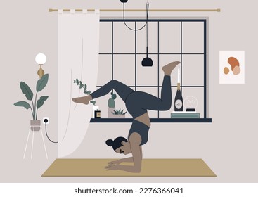 A young female character participating yoga vinyasa at home, a workout designed to improve strength, balance, and flexibility