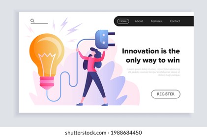 Young female character is pluging in lightbulb as an idea metaphor. Concept of business and financial motivational scenes. Website, web page, landing page template. Flat cartoon vector illustration