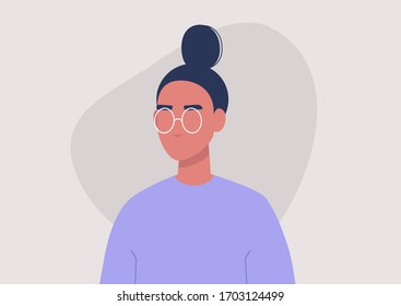 Young female character portrait, 3/4 front view, millennial lifestyle, flat vector graphics