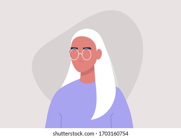 Young female character portrait, 3/4 front view, millennial lifestyle, flat vector graphics