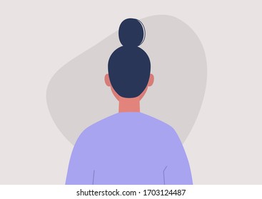 Young female character portrait, back view, millennial lifestyle, flat vector graphics