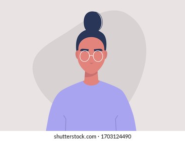 Young female character portrait, front view, millennial lifestyle, flat vector graphics