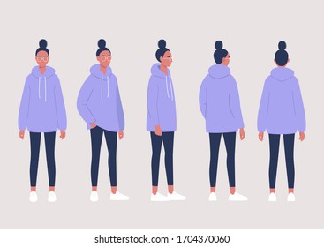 Young Female Character Poses Collection: Front, Side And Back Views
