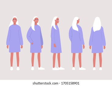 Young Female Character Poses Collection: Front, Side And Back Views