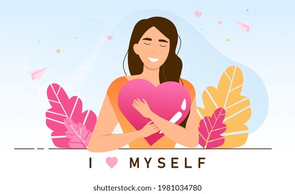 Young female character is practicing self love. Personal confidence. Concept of psychological mindset and life attitude as pride, appreciation and acceptance feeling. Flat cartoon vector illustration