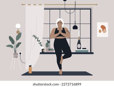 A young female character practicing yoga at home, a tree pose