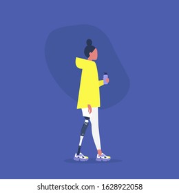 Young female character with a prosthetic lower limb holding a water flask, Modern disabled people, New technologies
