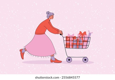 YOUNG FEMALE CHARACTER pushing SHOPPING CART filled with GIFT BOXES wearing modern CLOTHING smiling and walking. Flat VECTOR ILLUSTRATION isolated on light background.