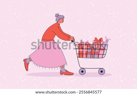 YOUNG FEMALE CHARACTER pushing SHOPPING CART filled with GIFT BOXES wearing modern CLOTHING smiling and walking. Flat VECTOR ILLUSTRATION isolated on light background.