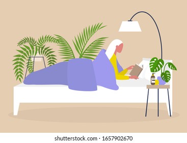 Young female character reading in bed, bedroom interior design, millennial lifestyle