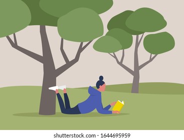 Young female character reading a book under the tree, summer recreation, outdoor, forest or park landscape