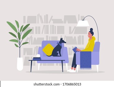 Young female character reading a book in a home library, lifestyle illustration