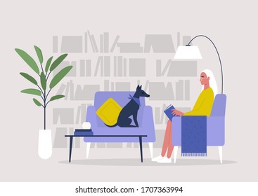 Young Female Character Reading A Book In A Home Library, Lifestyle Illustration