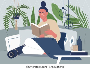 Young female character reading a book, cozy interior, tropical plants, pillows and boho style decorative elements, interior design
