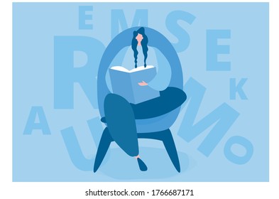 Young female character reading a book. Vector illustration for web banner, infographics, mobile. Imagination